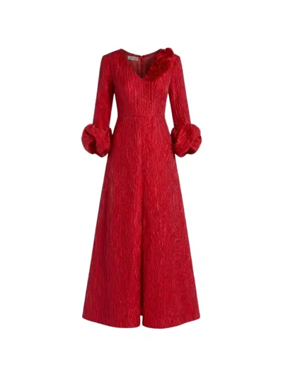 Baruni Fayha Floral-embellished Puff-sleeve Maxi Gown In Red