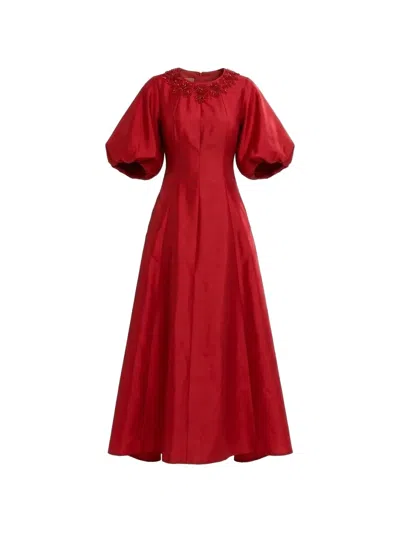 Baruni Jawher Bead-embellished Puff-sleeve Maxi Gown In Red