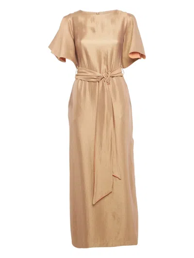 Pre-owned Baruni Maxi Metallic Belted Dress In Gold