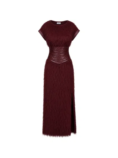 Baruni Maxi Razan Feathered-effect Ruched-waist Dress In Burgundy