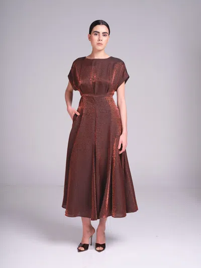 Baruni Ruba Dress – Jacquard Midi Cocktail Wedding Guest Dress In Brown