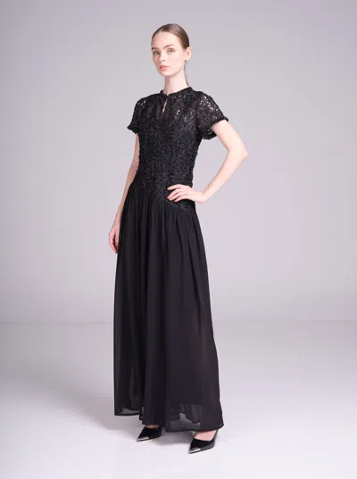 Baruni Zaina Dress — Embroidered Lace & Georgette Maxi Dress In Black