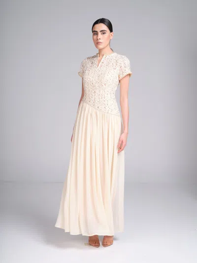 Baruni Zaina Dress — Embroidered Lace & Georgette Maxi Dress In Off White