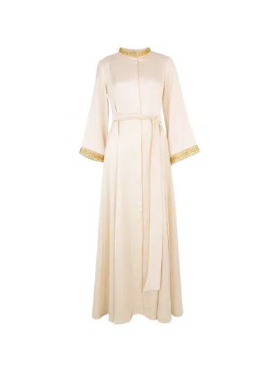 Baruni Zayna Embroidered Belted Maxi Dress In Neutral