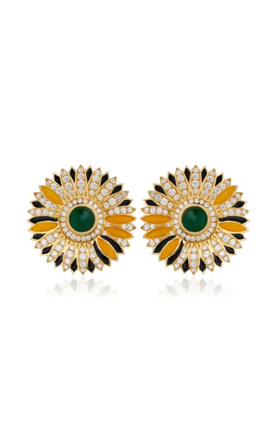 Basak Baykal 18k Yellow Gold Daisy Diamond Emerald Earrings