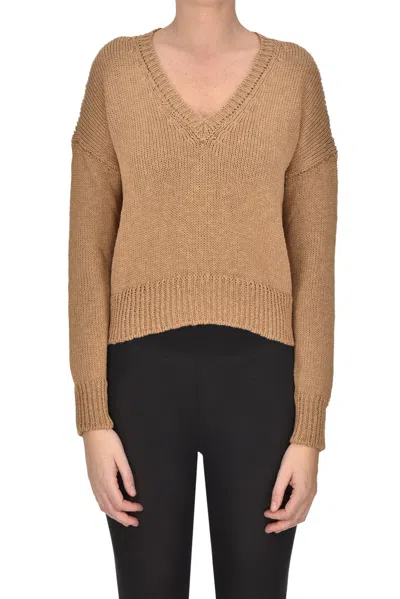 Base Milano Cropped Cotton And Linen Pullover In Camel