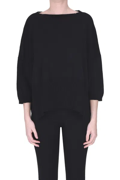 Base Milano Linen And Cotton Wide Pullover In Black