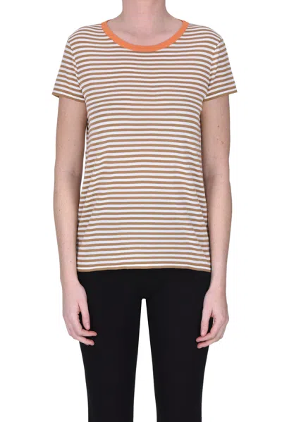Base Milano Striped Cotton Pullover In Light Brown