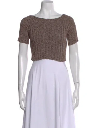 Pre-owned Baserange Bateau Neckline Short Sleeve Crop Top In Brown