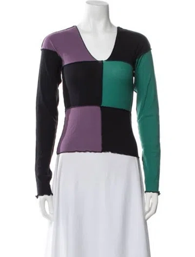 Pre-owned Baserange Colorblock Pattern V-neck Top In Blue/green