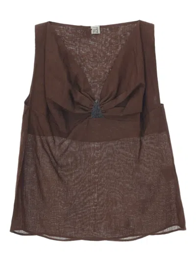 Baserange Draped-detail Linen Top In Brown