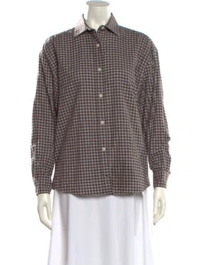 Pre-owned Baserange Plaid Print Long Sleeve Button-up Top In Brown