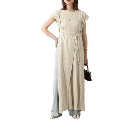 Baserange Ribbed Midi Dress With Self-tie Belt In Neutral
