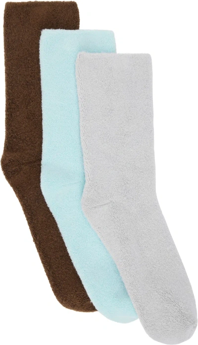 Baserange Ssense Exclusive Three-pack Multicolor Buckle Overankle Socks In Brown/grey/blue