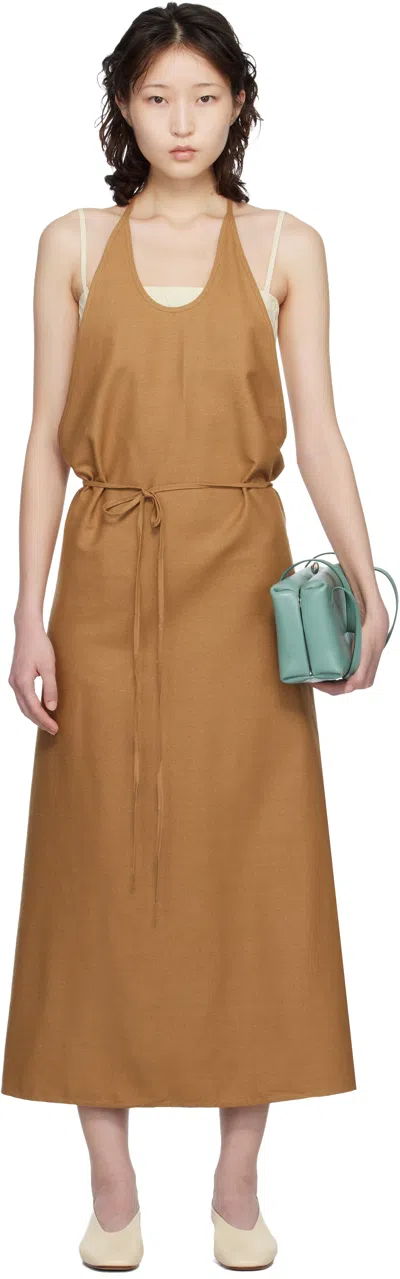Baserange Tan Wild Silk Apron Midi Dress In Brown
