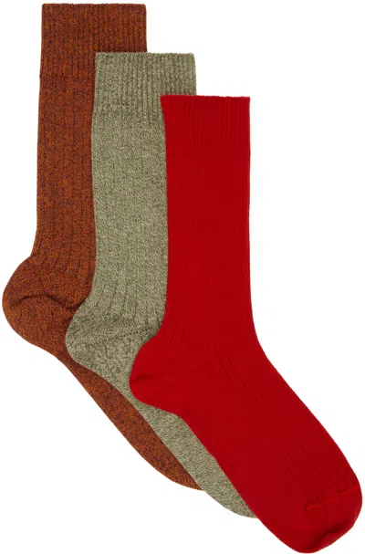 Baserange Three-pack Multicolor 3 Rib Overankle Socks In Burgundy/green/red