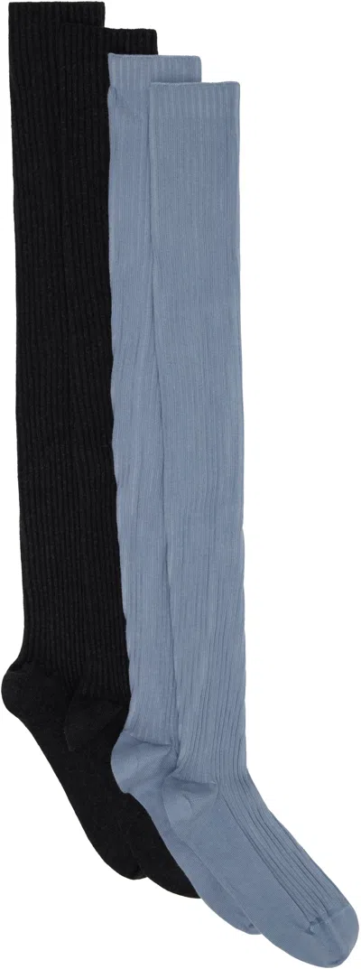 Baserange Two-pack Black & Blue Cotton Rib Overknee Socks In Multi