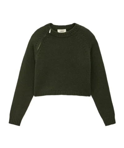 Bash Asymmetric Zip Raglan Cropped Knit Sweater In Khaki Green