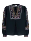 Bash 'caloe' Blue Blouse With Round Neck And All-over Embroidery In Cotton And Linen Blend In Black