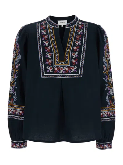 Bash 'caloe' Blue Blouse With Round Neck And All-over Embroidery In Cotton And Linen Blend In Black