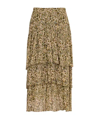 Bash Midi Printed Ruffled Skirt In Light Brown