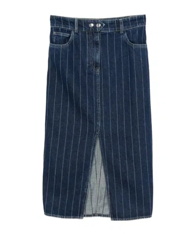 Bash Pinstripe Denim Midi Skirt In Blue