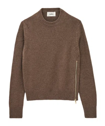 Bash Side Zip Crew Neck Knit Sweater In Brown