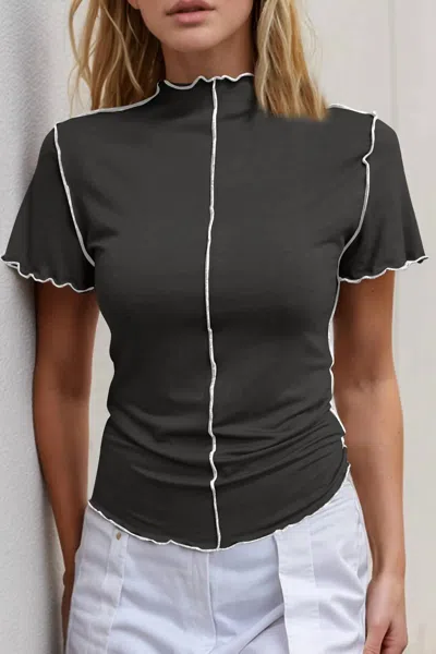 Basic Bae Contrast Trim Mock Neck Short Sleeve T-shirt In Black