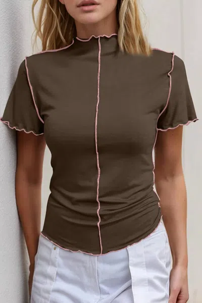 Basic Bae Contrast Trim Mock Neck Short Sleeve T-shirt In Chocolate