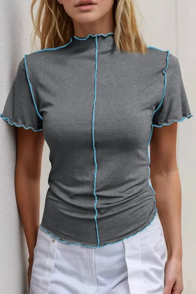 Basic Bae Contrast Trim Mock Neck Short Sleeve T-shirt In Dark Gray
