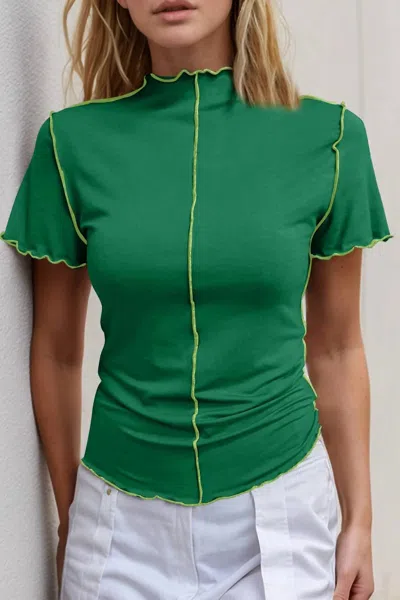 Basic Bae Contrast Trim Mock Neck Short Sleeve T-shirt In Dark Green