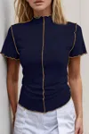 Basic Bae Contrast Trim Mock Neck Short Sleeve T-shirt In Dark Navy