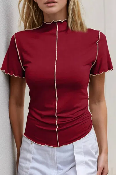 Basic Bae Contrast Trim Mock Neck Short Sleeve T-shirt In Deep Red