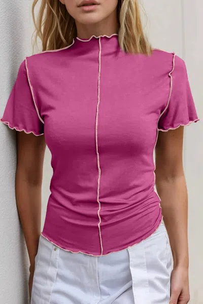 Basic Bae Contrast Trim Mock Neck Short Sleeve T-shirt In Hot Pink