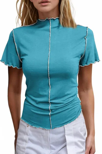 Basic Bae Contrast Trim Mock Neck Short Sleeve T-shirt In Pastel Blue