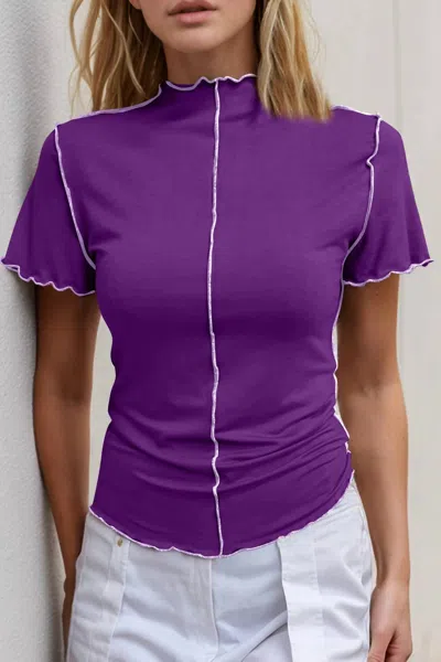 Basic Bae Contrast Trim Mock Neck Short Sleeve T-shirt In Purple