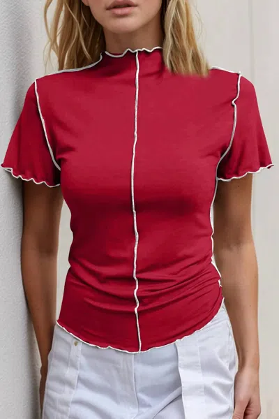 Basic Bae Contrast Trim Mock Neck Short Sleeve T-shirt In Scarlet