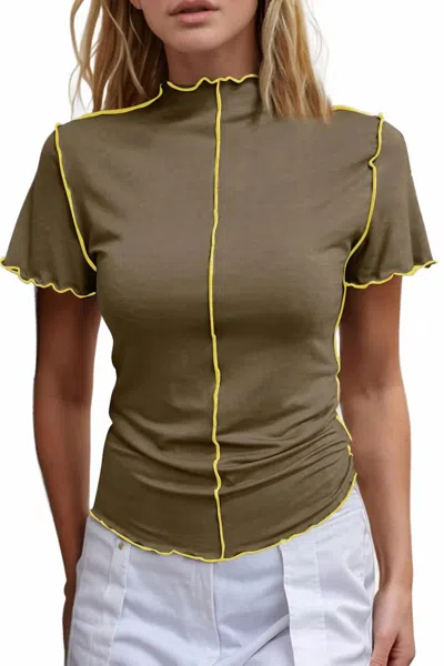 Basic Bae Contrast Trim Mock Neck Short Sleeve T-shirt In Taupe