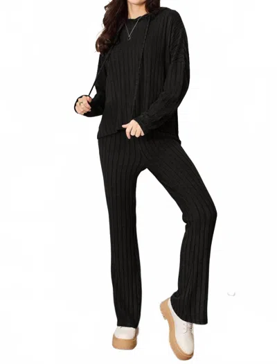 Basic Bae Full Size Ribbed Drawstring Hooded Top And Straight Pants Set In Black