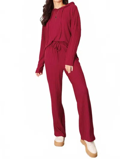 Basic Bae Full Size Ribbed Drawstring Hooded Top And Straight Pants Set In Deep Red
