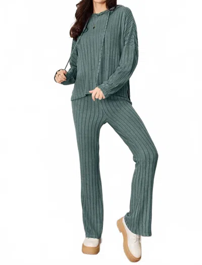 Basic Bae Full Size Ribbed Drawstring Hooded Top And Straight Pants Set In Deep Teal
