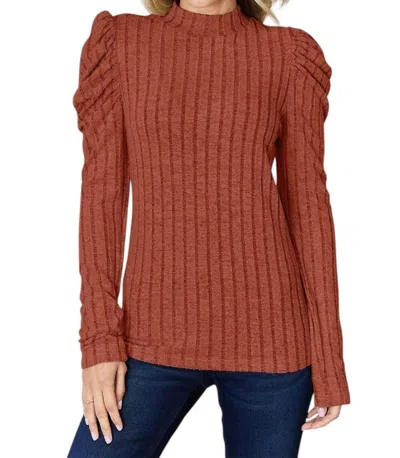 Basic Bae Ribbed Mock Neck Top With Puff Sleeves In Brick Red