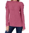 Basic Bae Ribbed Mock Neck Top With Puff Sleeves In Fuchsia Pink In Multi