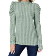 Basic Bae Ribbed Mock Neck Top With Puff Sleeves In Gum Leaf In Multi