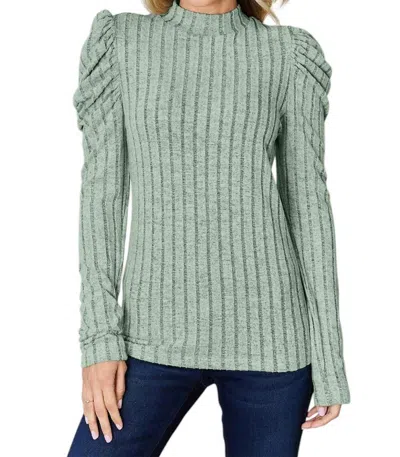 Basic Bae Ribbed Mock Neck Top With Puff Sleeves In Gum Leaf In Multi
