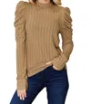 Basic Bae Ribbed Mock Neck Top With Puff Sleeves In Tan In Multi