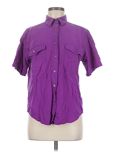 Pre-owned Basic Editions Short Sleeve Silk Top Purple Collared Neckline Tops