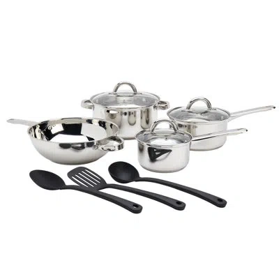 Basic Essentials 10-piece Stainless Steel Cookware Set With Lids And Cooking Utensils