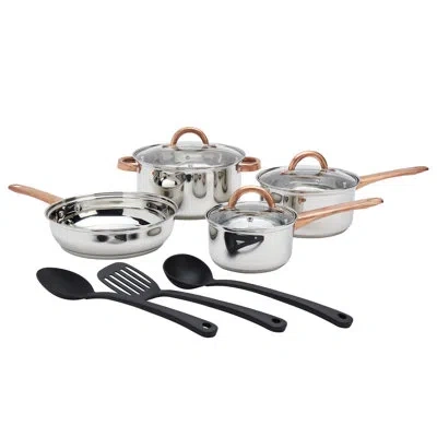 Basic Essentials 10-piece Stainless Steel Cookware Set With Lids, Copper Plated Handles, And Cooking Utensils