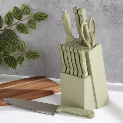 Basic Essentials 12-piece Stainless Steel Kitchen Knife Set With Wood Block In Green